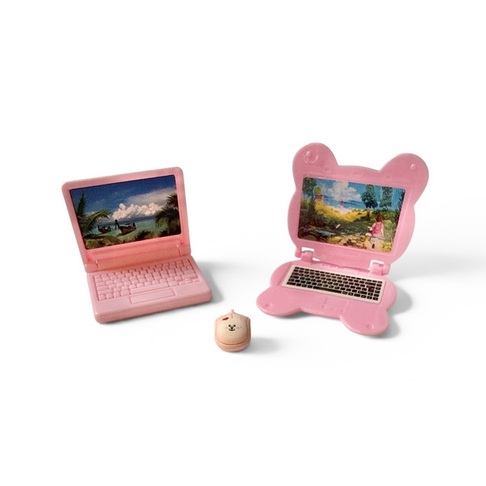 2 Pink Miniature Laptops for Fashion Dolls and Mouse Accessory Set Toy